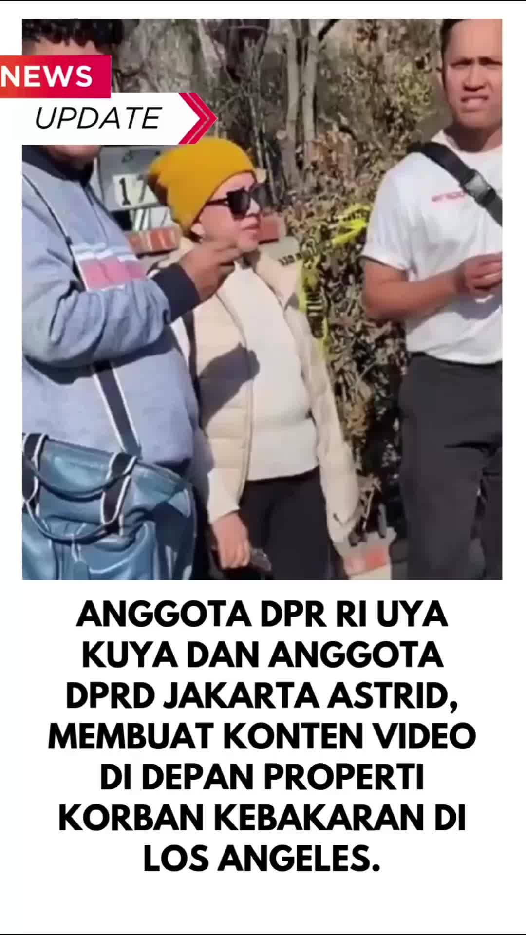 anggota DPR RI Uya Kuya dan anggota DPRD Jakarta Astrid,  membuat konten video di depan properti korban kebakaran di Los Angeles.
