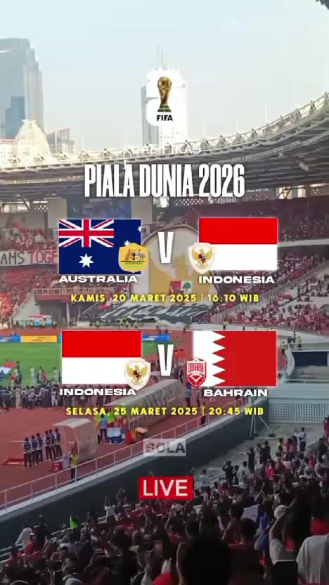 JADWAL TIMNAS INDONESIA KUALIFIKASI PIALA DUNIA 2026
Australia vs Indonesia
20 maret 2025 | 16.10 wib
Indonesia vs Bahrain | 20.45 wib
Live 