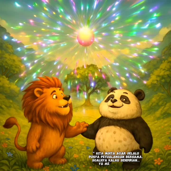 Akhir Perjalanan Leo Pao 
Di balik tebing, mereka menemukan lembah penuh cahaya warna-warni. Di tengahnya berdiri pohon kecil dengan buah bu