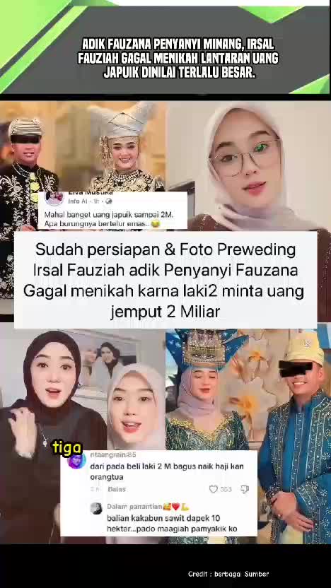 Adik Fauzana Penyanyi Minang, Irsal Fauziah gagal Menikah Lantaran Uang Japuik Dinilai Terlalu Besar. #pernikahan  #adat  #mahar  #mahal  #v