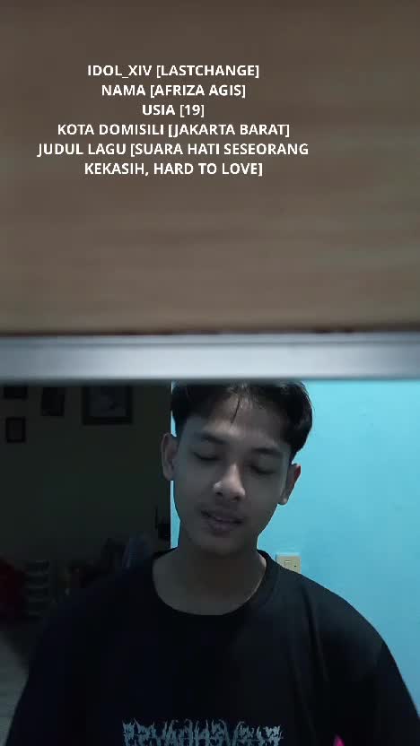 #𝑰𝒅𝒐𝒍𝑳𝒂𝒔𝒕𝑪𝒉𝒂𝒏𝒄𝒆𝑨𝒖𝒅𝒊𝒕𝒊𝒐𝒏 

hallo perkenalkan
 nama saya [AFRIZA] 
 usia [19]
 kota domisili [jakarta]
 judul lagu [suara hati seseorang kekas