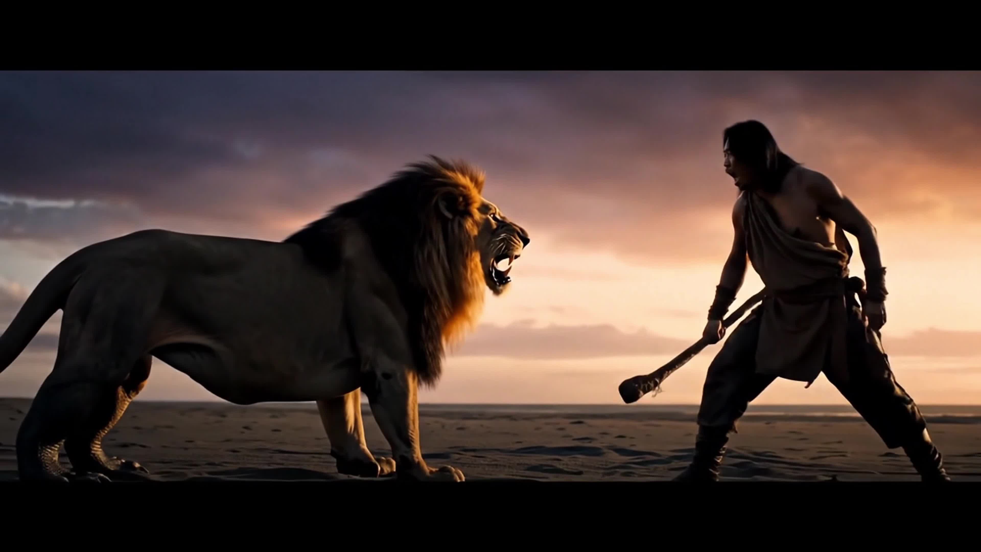 singa versus komodo dari pagi hingga senja #ai #singa #komodo

prompt:

Scene 1:
Dramatic cinematic shot of a lone lion facing off against a