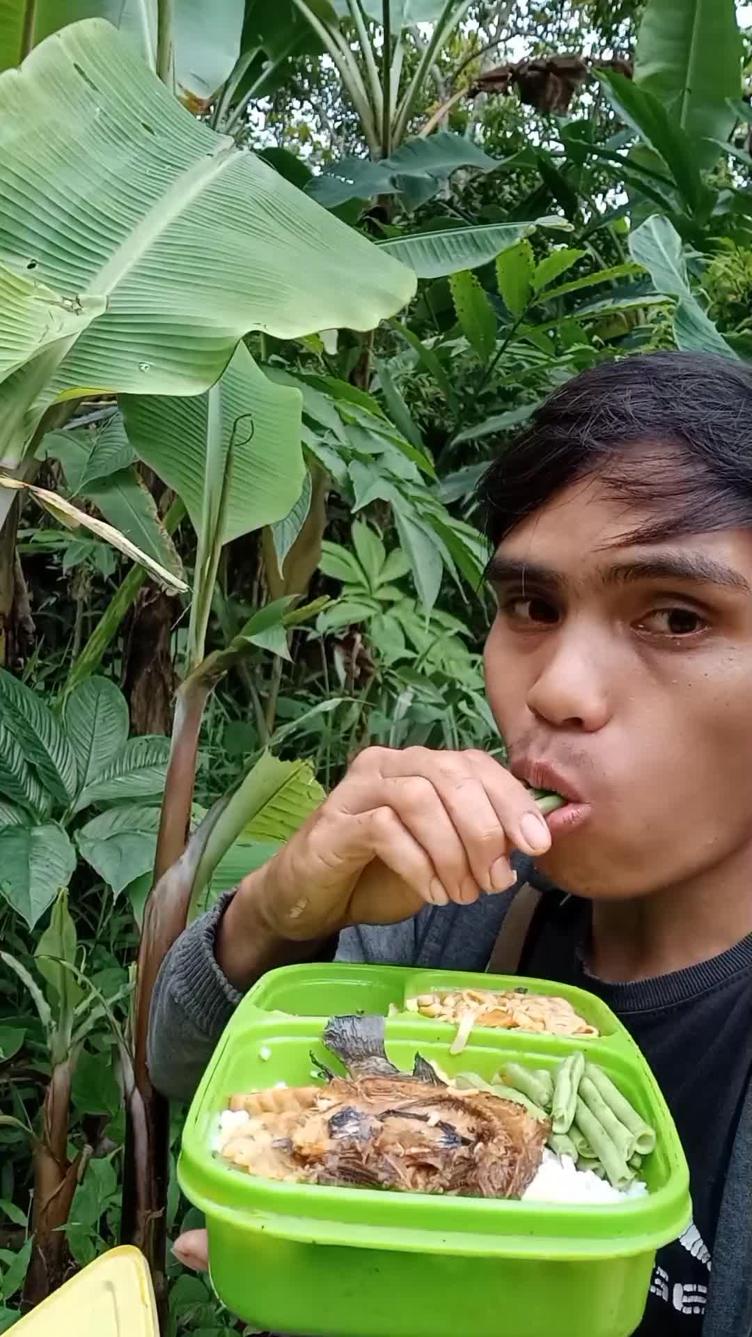 makan dengan lalapan pohon pisang